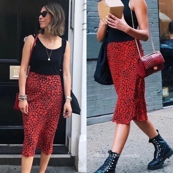 Realisation Par XXS Naomi Sid Slip Skirt‎ Red Black Heart Print Silk Bias Midi